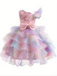 Girls Elegant Rainbow Princess Dress With Bowknot Flutter Trim Mesh Dress Tutu Dress For Party Performance Birthday