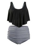 - Ladies Top Ruffled High Waist Tummy Control Swimsuit - Navy