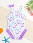 Girls 1pc Flamingo Print Ruffle Trim Bow Strappy Swimsuit Sweet & Cute For Summer