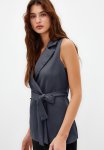 Regular Belted Woven Vest - Grey