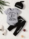 2PCS Baby Boy's "daddy And Son" Print Outfit Short Sleeve Bodysuit & Hat & Pants Set Baby's Clothing As Gift