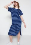Striped Shift plain Maxi Knit Dress With Slit Detail - Navy Blue
