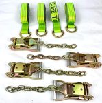 4 Pack Of 2" X 10' Hi-viz Green Tecnic Webbing Lasso Straps With Wire D-rings And Chain Tail Ratchets