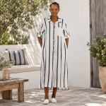 Sequin Pocket Stripe Shirt Linen Dress - Cream Free