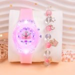 2PCS SET Girls LED Luminous Silicone Strap Crown Girls Quartz Wrist Watch & Gradient Color Beaded Bracelet Ideal Choice For Gift