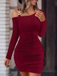 Ribbed Slanted Shoulder Dress Party Wear Solid Long Sleeve MINI Dress Women's Clothing For Party Dressing