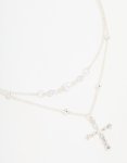 Silver Beaded Diamante Cross Layered Necklace