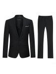 2PCS Men's Solid Color Suit Set Slim Fit Business Style 2-BUTTON Lapel Blazer With Decorative Handkerchief Pocket And Suit Trous