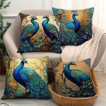 4PCS Peacock Oil Painting Design Velvet Throw Pillow Covers 17.7X17.7 Inches Contemporary Style Cushion Case For Sofa Bed Home D