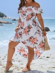 Plus Size Floral Print Off Shoulder Dress Elegant Asymmetrical Hem Short Sleeve Dress Women's Plus Size Clothing
