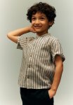 Linen-blend Grandad Shirt - Light Beige Striped