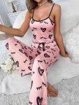 Heart & Eyelash Print Pajama Set Scoop Neck Cami Top & Lettuce Trim Pants Women's Sleepwear & Loungewear