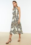 Belted A-line Midi Woven Dress - Camel