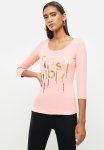 Sissy Boy Basic Round Neck Fitted 3 4 Sleeve Top With Mixed Foil Print And Bling Logo - Dusty Pink