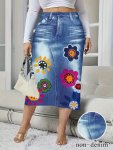 Plus Size Faux Denim Floral Print Skirt Casual High Waist Midi Skirt For Spring & Summer Women's Plus Size Clothing
