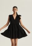 Flutter-sleeved Throw-on Dress - Black