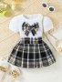 Little Girl's Plaid 2PCS Bowknot Short Sleeve Top + High Waist Plaid Skirt Set 2-PIECE Holiday Summer Outfit