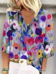 Plus Size Floral Print T-Shirt Casual Three-quarter Sleeve V Neck Top For Fall & Spring Women's Plus Size Clothing