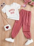 2PCS Mama's MINI Print Short Sleeve T-Shirt Top + Cargo Pants Set For Girls Summer Gift Outdoor