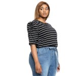 Donnay Plus Size Puff Sleeve Stripe T-Shirt - Black & White