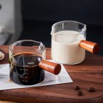 Glass Coffee Mug With Wooden Handle And Measurement Markings