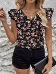 Floral Print Flutter Sleeve Blouse Elegant V Neck Top For Spring & Summer Women's Clothing