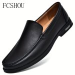 Fcsshou Men's Solid Colour Slip On Loafer Shoes Comfy Non Slip Split Cow Leather Rubber Sole Formal Shoes For Men's Outdoor Acti