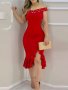 Beaded Asymmetrical Ruffle Hem Dress Elegant Off Shoulder Solid Bodycon Dress For Party & Banquet Women's Clothing