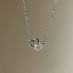 1 2PCS Stay Elegant And Fashion With Micro Rhinestone Inlaid Double Heart Pendant Silvery Alloy Necklace Or Necklace And Bracele