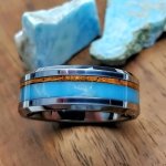 1PC Men's Fashion Business Style Stainless Steel Ring Inlaid Artificial Turquoise Wood Pattern Ring Gentlemen's Birthday Party G