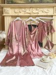 4PCS Floral Print Pajamas Set Long Sleeve Robe + Cami Dress + Cami Top + Ruffle Hem Shorts Women's Loungewear & Sleepwear