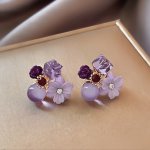 Elegant Purple Crystal Flower Stud Earrings - Fashionable Alloy With Imitation Zirconia For Women & Girls